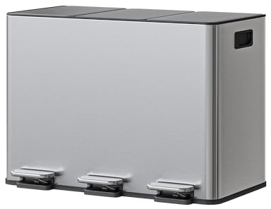 GaveeHome - Poubelle à pédale 2 compartiments 15 L en acier inoxydable, tri des déchets de cuisine, poignée latérale et couvercle rembourré (couleur acier inoxydable, 3 * 15L)