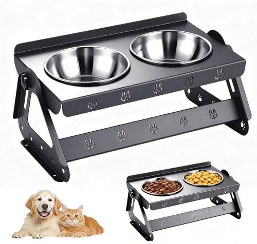 Gamelle Surélevée pour Chien, Support de Gamelle pour Chien Ajustable en Hauteur, Station d'alimentation Surélevée avec 2 Bols en Acier INOX, Gamelles pour Chiens Surelevee pour Chiens Et Chats(Noir)