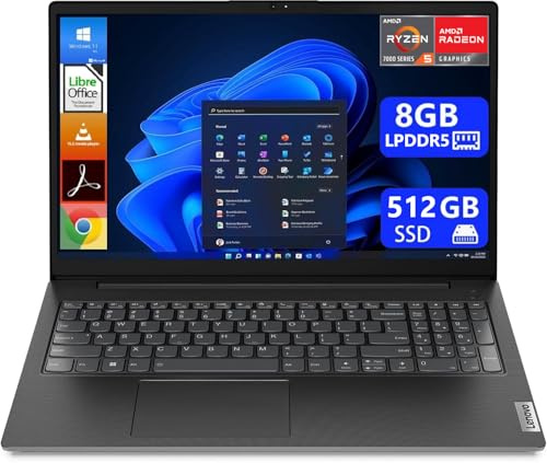 Lenovo Notebook Portatile, 15.6 Full HD, CPU AMD Ryzen 5 7520U fino a 4,3GHz, Ram 8GB LPDDR5, 512GB Ssd NVMe, Windows 11 Pro, Libre Office, Pronto All'Uso
