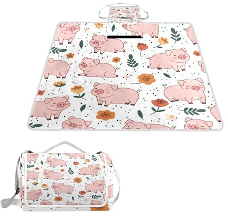 ALAZA Rechteckige, wasserdichte Picknickdecke, niedliche Schweine-Blumen, tragbar, faltbar, für den Innenbereich, für Reisen, Wandern, Camping, Park, 150 cm x 145 cm