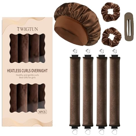 Heatless Curls Overnight Hair Curlers - 4 Pcs No-Heat Curling Rod to Sleep In and Shower Cap,Velvet Hair Rollers with Satin Wrap (new packaging)