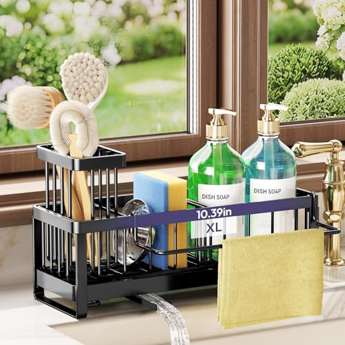 SWTYMIKI Kitchen Sink Caddy Organiser - Sink Tidy Organiser with Auto Draining Tray, Brush Holder, Stainless Steel Sponge Holder with Divider for Countertop Kitchen Storage & Organisation, Black-XL