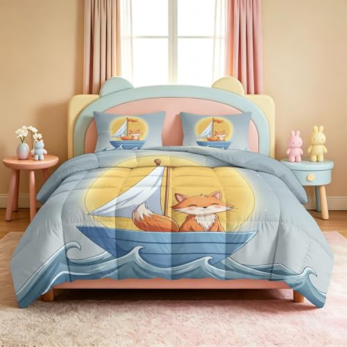 Tecknat djur täckfritt täcke super king size 7,5 Tog – 260 x 220 cm orange liten räv ljusblå segelbåt vändbart tvättbart täcke för baby småbarn barn pojke flicka, sängkläder set för alla årstider