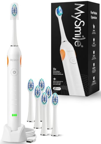 MySmile Electric Toothbrush for Adults, Rechargeable Sonic Electronic Toothbrush with 6 Brush Heads and Travel Case, 2 Mins 5 Modes Smart Timer, 48000VPM (Glacier White)