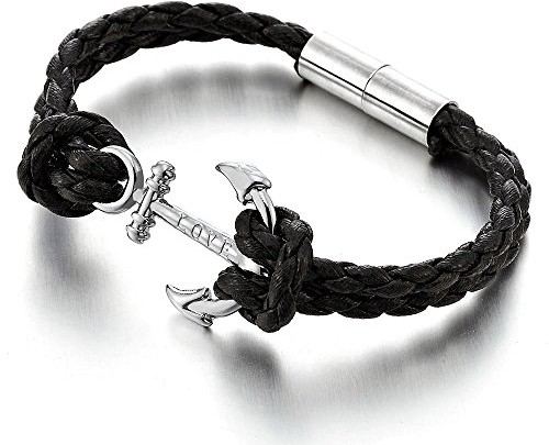 COOLSTEELANDBEYOND Anker Armband Herren Damen Armband Armreif mit Schwarz Geflochtene Lederriemen