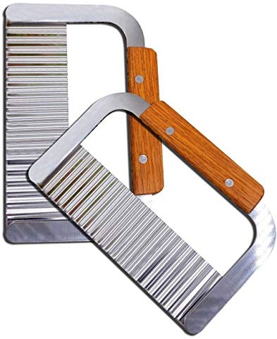 MOACC Coltello a fetta di patate, Affettatrice di verdure con manico di legno tagliato patate ondulate, 2 pezzi di taglierina ondulata in acciaio inossidabile, per patate, carote, frutta, verdura