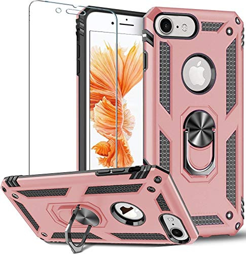 Folmeikat iPhone 8/7/6/6S Handyhülle,mit Displayschutzfolie 4,7 Roségold | iPhone 8/7/6/6S Displayschutzfolie 360 Grad drehbarer Metallring Stoßdämpfung verstärkte Ecken TPU