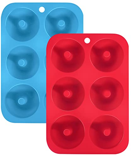 SHARON COOPER Moldes de silicona para hacer donuts, 6 cavidades antiadherentes, de silicona, bandeja para hornear rosquillas, magdalenas, bagels, pasteles, color azul, rojo, paquete de 2 unidades
