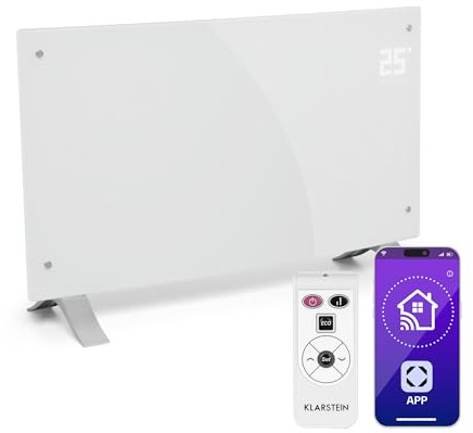 KLARSTEIN Bornholm Curved Smart - radiateur convecteur, écran tactile LED, minuterie, contrôle par appli, 1000 et 2000 W, thermostat 5-45 ° C, affichage de la température, mode éco - blanc