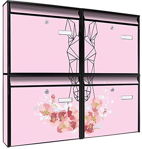 banjado Briefkastenanlage 4 Fach - Postkästen groß - verzinkter Stahl schwarz DIN A4 Motiv Einhorn Poygon - Briefkasten Set 4 Briefkästen Namensschild, 2 Schlüssel, Montagematerial