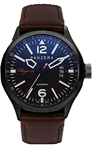 Panzera Flieger 46 PHANTOM VINTAGE Automatico Acciaio IP Nero Pelle Pilot Marrone Data Orologio Uomo
