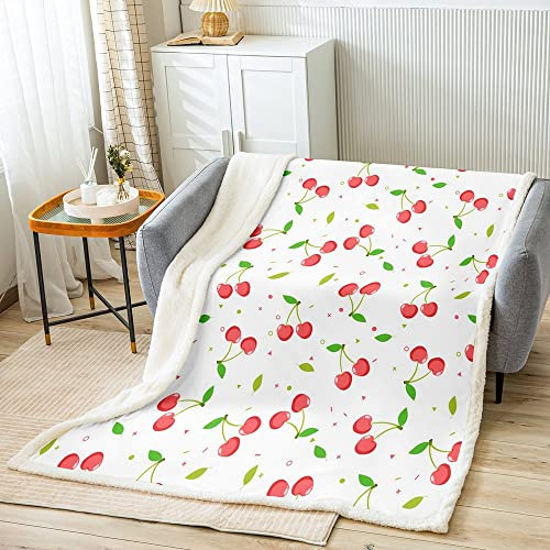 Homemissing Red Cherry Throw Blanket Girl Cherry Blanket for Kids Boys Girls Cartoon Fruit Food Plush Blanket Botanical Leaves,Single 50x60 Inch