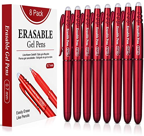 KERIFI Radierbarer Kugelschreiber Tintenroller Radierbar, 8 Rot Radierbarer Tintenroller, 0.7mm Kugelschreiber Radierbar, Radierbare Stifte, Radierstift, Gelschreiber Radierbar, Stift Radierbar