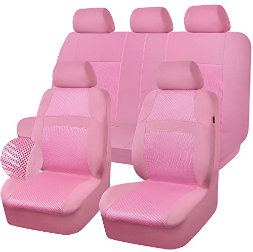 CAR PASS Pink Car Seat Cover Full Sets, Air Breath in Summer Mesh Seat Cover 5mm Sponge Airbag Composite, Cute for Women Girly, Universal Fit SUV, Vans, sedans,Trucks, Automotive Interior All Pink