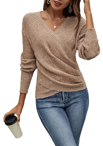 SOLY HUX Women's V Neck Long Sleeve Off Shoulder Sweaters Criss Cross Wrap Ruched Pullover Fall Tops Pure Camel Medium
