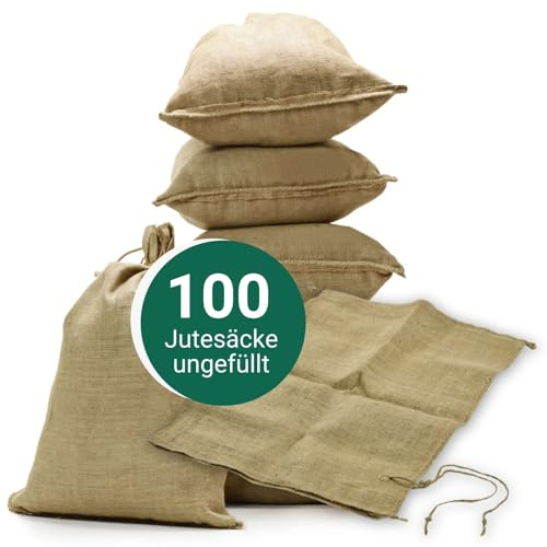 AGRI plus 100 Stück Hochwassersäcke unbefüllt I 40 x 60 cm I nachhaltige Hochwasserbarriere-Säcke aus Jute I Flutschutzsäcke mit Bindeband I stabile Sandsäcke mit Fassungsvermögen bis 20kg