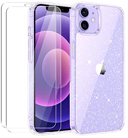 Tikgue Hülle für iPhone 12 Mini mit 2 Stück Schutzfolie，360 Grad Handyhülle Glitzer Transparent Silikon Stoßfeste Schutzhülle Slim Weich TPU Case Kompatibel mit iPhone 12 Mini - Clear