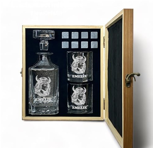 Whisky Set mit Gravur Wikinger personalisiert Karaffe 700 ml und Gläser verschiedene Motive Walhalla Thor Schiff Geschenkbox (Motiv 4: Wikingerfrau, Karaffe + 6 Gläser)