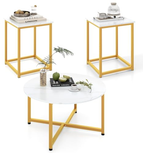 Giantex Round Nesting Table Set of 3, Modern Faux Marble Coffee Table w/2 End Tables, Sturdy Metal Frame, 3-Piece Wooden Living Room Table Set for Home Office, Apartment (White & Gold)