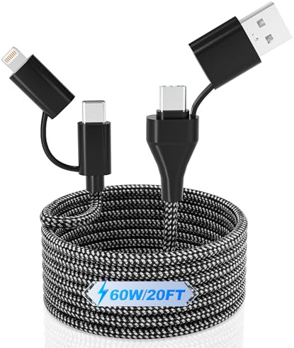 60W USB C und Lightning Kabel 4 in 1, 6M Lang Nylon USB C Ladekabel, Schnellladung & Daten, USB A/USB C auf Typ C/Lightning Multi Ladekabel mit iPhone 15 14 Pro Max MacBook Pro Samsung