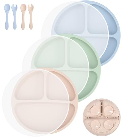 SinLaw 3 Stück Silikon Kinderteller, Kinder Teller mit Rutschfestes Saugnapf, Kindergeschirr Set mit Gabeln、Löffel und Deckel, BPA-Frei Kinderteller für Baby Kleinkind und Kinder(Grün, blau, beige)