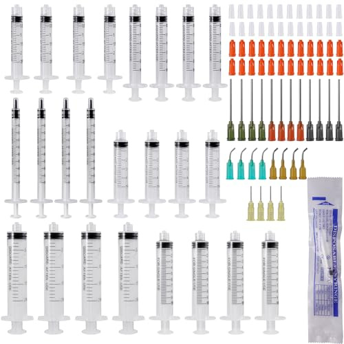 24 stycken sprutor set med trubbiga nålar, 1 ml 2 ml 3 ml 5 ml 10 ml 20 ml sprutor, 14 g, 15 g, 16 g, 18 g, 20 g syringar med sprutlock, plastspruta för att applicera vätska, industriella