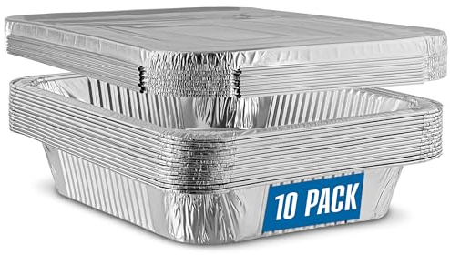 PLASTICPRO 10 Stück Aluminiumpfannen 22,9 x 33 cm Einwegpfannen mit Abdeckungen, robuste 4,5 kg Folienpfannen zum Backen und Kochen