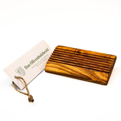 DAS OLIVENHOLZBRETT® Seifenschale aus Olivenholz/Seifenablage aus Olivenholz geriffelt/Seifenhalter aus Holz/mit Abtropfriefen/rechteckig/eckig/12 cm
