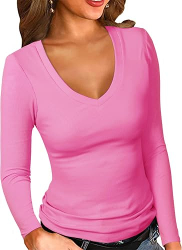 ELFIN Maglietta a Maniche Lunghe da Donna T-Shirt a Coste Slim Fit Camicia Basic Elegante con Scollo a V Magliette a Costine Rosa Rosso L