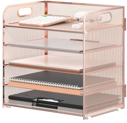 Supeasy 5 Ablagen, Papier-Organizer, Briefablage mit Griffnetz, Schreibtisch-Organizer, Papiersortierer, Schreibtisch-Organizer für Büro, Zuhause oder Schule (Roségold)