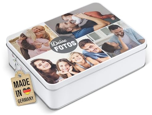 Print Royal PR Geschenkdose zum selbst gestalten mit Collage für 4 Fotos - Blechdose bedrucken, Personalisierte Keksdose - Geschenk zur Hochzeit, Geburtstag, Weihnachten | Rechteckig weiß, 2500 ml