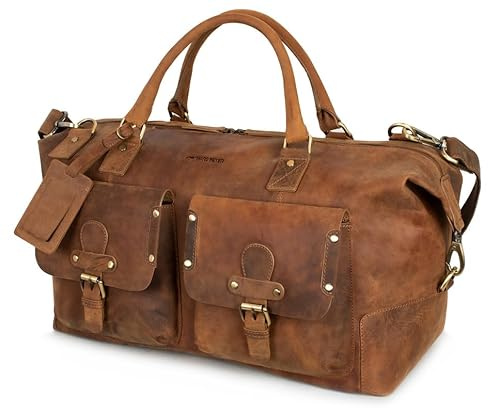 Marc Peter® Keneddy Reisetasche | Herren Vintage Bräune Leder Weekender zum Umhängen Overnight Duffle Bag | Echtes Buffleder Großes XL Reisegepäck Tasche fur Herren und Damen