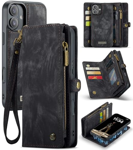 UFinetech für iPhone 16 Hülle, Flip Leder TPU Stoßfest Kartenfach Tasche Handyhülle für iPhone 16, Magnetisch Klapphülle Kratzfest Abnehmbare Reißverschluss mit Band Weiche Schutzhülle Case, Schwarz