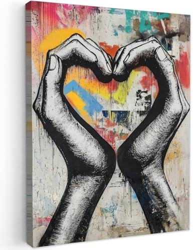 MuchoWow© Cuadros Decoracion Salon Modernos Dormitorios Cuadro Decorativos | 60x80 cm - de Lienzos Decorativo Decoración Cabecero Cama Manos - Corazón - Arte callejero - Graffiti