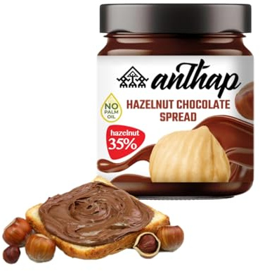 Anthap Hazelnut Chocolate Spread 35% Hazelnut, No Palm Oil, Halal, Perfect for toast, pancakes or waffles, Smooth Texture, No Preservatives, No trans-fats, Glass Jar, More Hazelnuts, 320g