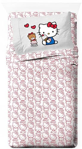 Jay Franco Hello Kitty - Juego de sábanas tamaño individual, juego de ropa de cama kawaii súper suave de 3 piezas, sábanas de microfibra color rojo y blanco con funda de almohada reversible