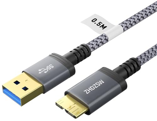 Kiuet USB3.0 Micro B Cable 0.5M, USB3.0A to Micro B 5Gbps External Hard Drive Cable Braid Compatible,WD Element, Seagate Expansion, LaCie Rugged,Galaxy S5 Note 3, Camera etc