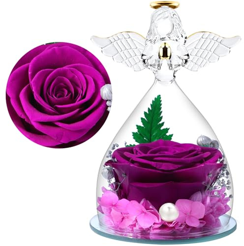 FRFG Ewige Rose Engel Geschenke für Mama, Ewige Rose im Glas Engel Figur Geschenke für Frauen Valentinstag, Engel mit Rose Geburtstagsgeschenk für Frauen, Geschenk Valentinstag für Sie (Lila)