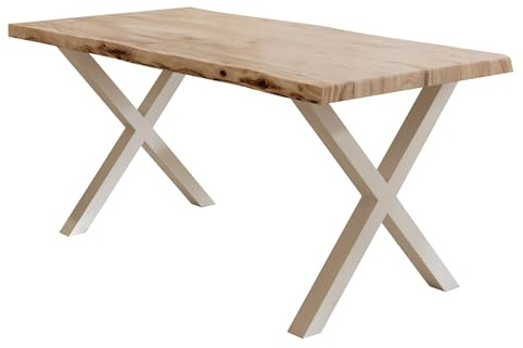 Liadomo Esstisch Akazie 180x90cm Kopenhagen, X-Gestell weiß | Baumkante, Akazie Massivholz Tisch, 50mm Tischplatte lackiert, Robust & Pflegeleicht, Unikat, Metallgestell