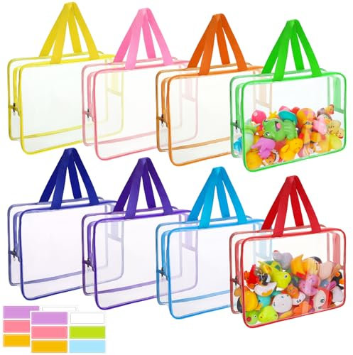 saerryor 8 Pack Clear Toy Storage Bags with Handles, Zipper Toy Storage Bags with Name Tag, 11.8x8.6 Inch Reusable Waterproof Toy Bags, for Building Blocks, Puzzles