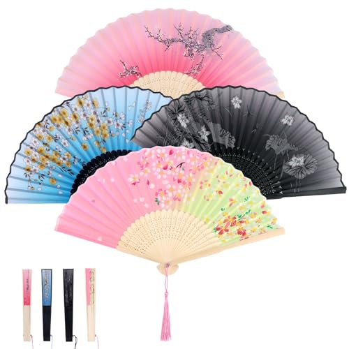 BOXOB 4stk Handfächer mit Blumenmuster und Quasten, Faltbarer Fächer für Damen im Chinesischen Stil Faltbare Handfächer mit Blumenmuster Geschenke für Hochzeitsfeiern Line Dance
