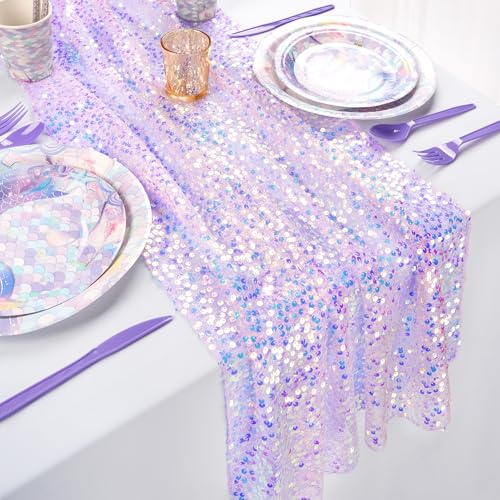 Lila Meerjungfrau Pailletten Tischläufer 63 x 300 cm Schillernd Glitzer Tischdeko für Outdoor Geburtstag Mermaid Party Taufe Kommunion Tischband Dekoration (1 Stück)