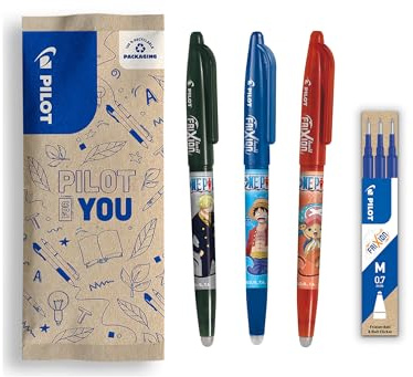 PILOT x ONE PIECE - Set di 3 Frixion Ball, nero, blu, rosso + 1 set di 3 ricariche blu + 4 adesivi - Penne cancellabili - Edizione limitata One Piece - Penne roller ricaricabili - Punta media