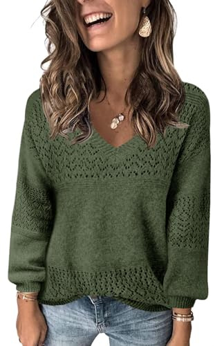 Fisoew Jersey de punto con cuello en V para mujer, manga larga, suéter acanalado, suéter ligero de ganchillo, suéter informal, Verde militar., M