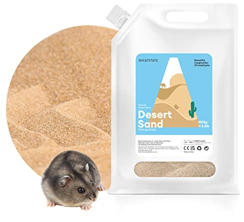 BUCATSTATE Arena para hámster con boquilla de vertido, arena del desierto de 1,5 kg, sin polvo, arena para orinal sin calcio, para bañar a enanos, hámster sirio, chinchilla, jerbo, ratones, degu
