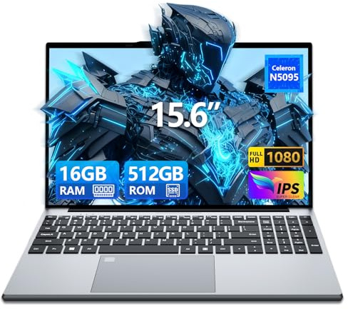 Ordinateur portable 15,6 Pouces FHD Processeur Celeron N5095 (4C/4T, jusqu'à 2,9 Hz), 16Go RAM DDR4 512Go SSD Wi-Fi USB 3.0 HDMI BT pavé numérique rétroéclairé déverrouillage par empreinte digitale