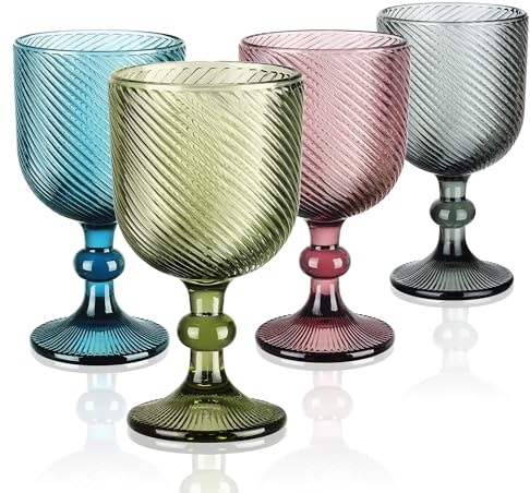 Joeyan 350ml Vintage Weingläser Bunt,Gerippte Relief Kelche mit Stiel,Weinkelche Landhausstil,Mehrfarbig Rotweingläser Weißweingläser Trinkgläser,Set von 4,Spülmaschinenfest (Lila,Grün,Blau,Grey)