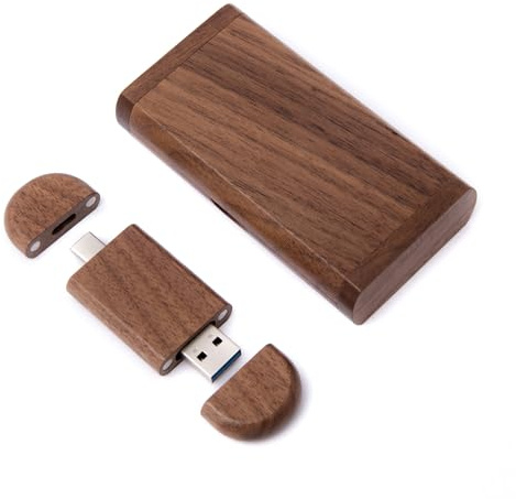 MEMORABBIT Ovaler Holz-Stick in Box, 4–256 GB, USB 2.0–3.0, USB-C 3.1/3.2, graviertes Logo/Text USB Flash Drive Memory Wood Walnuß/Ahorn Holz (1 Stück Walnuss, 64 GB 3.0 + USB-C 3.2)