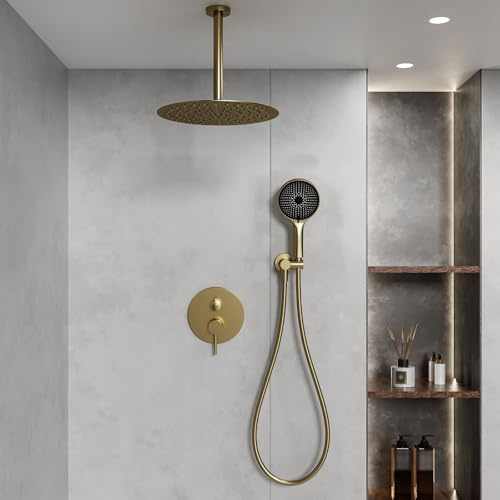 Doccia Incasso Oro Spazzolato, Colonna Doccia Senza Miscelatore, Sistema Soffione a Pioggia con 40cm Soffione Doccia e Doccetta 3 Funzioni, In Ottone e Acciaio Inox, Installazione Facile