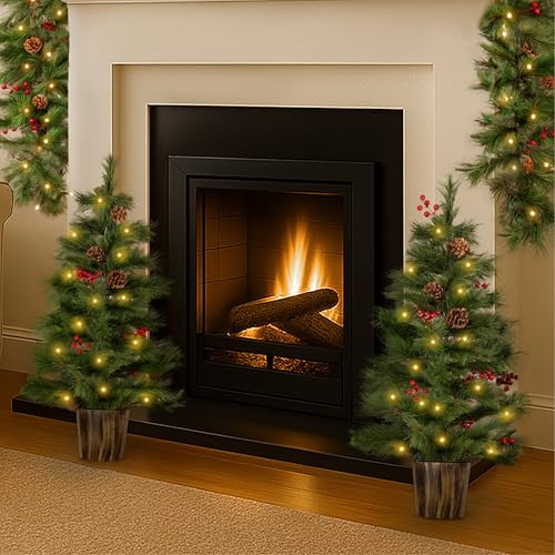 Marco Paul Pre Lit Pine & Red Berry Artificial Christmas Trees - Set of Two 3ft Battery Operated White LED 8-Mode Designs - Luxury Indoor & Outdoor Xmas Decorations for Fireplace, Hallway or Doorway